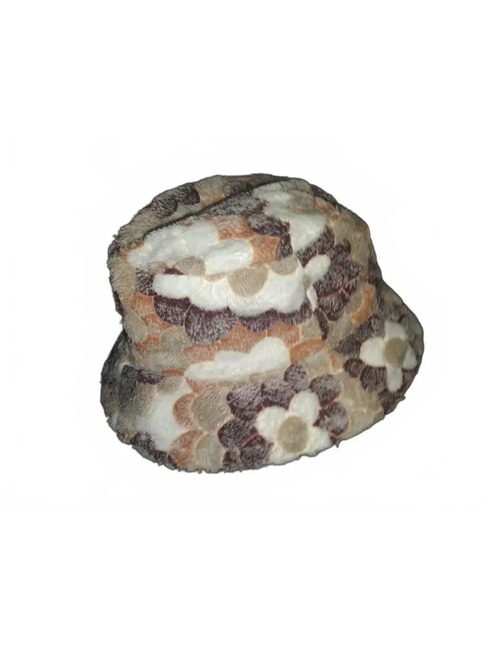 Vintage Floral Faux Fur Bucket Hat Brown White Shaggy Fuzzy Winter Festival